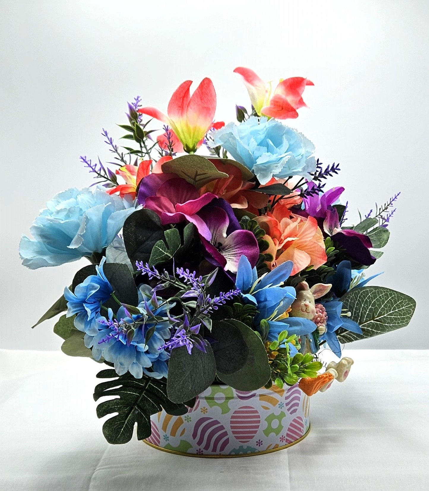 Egg Decorated Tin of Spring Pastel Flowers with Easter Chick and Bunny - Easter Table Centerpiece or Gift