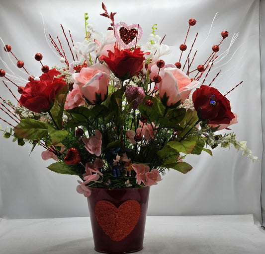 Romantic Flower Centerpiece with Pink and Red Roses, Kissing Couple, Valentine Decor, Butterflies, Hearts, Glitter Accents