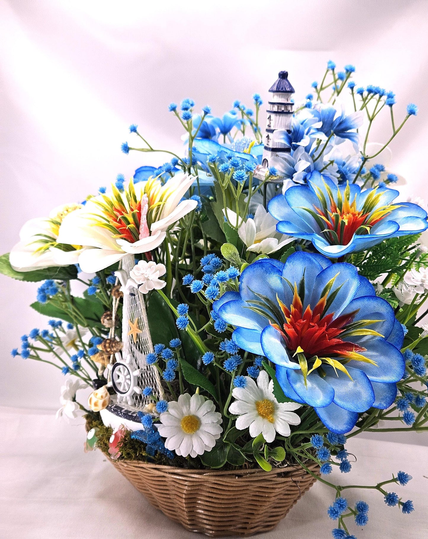 Love the Beach Tropical Floral Arrangement, Sea Shells, Turtle, Starfish, Lighthouse Decor, Blue & White Florals
