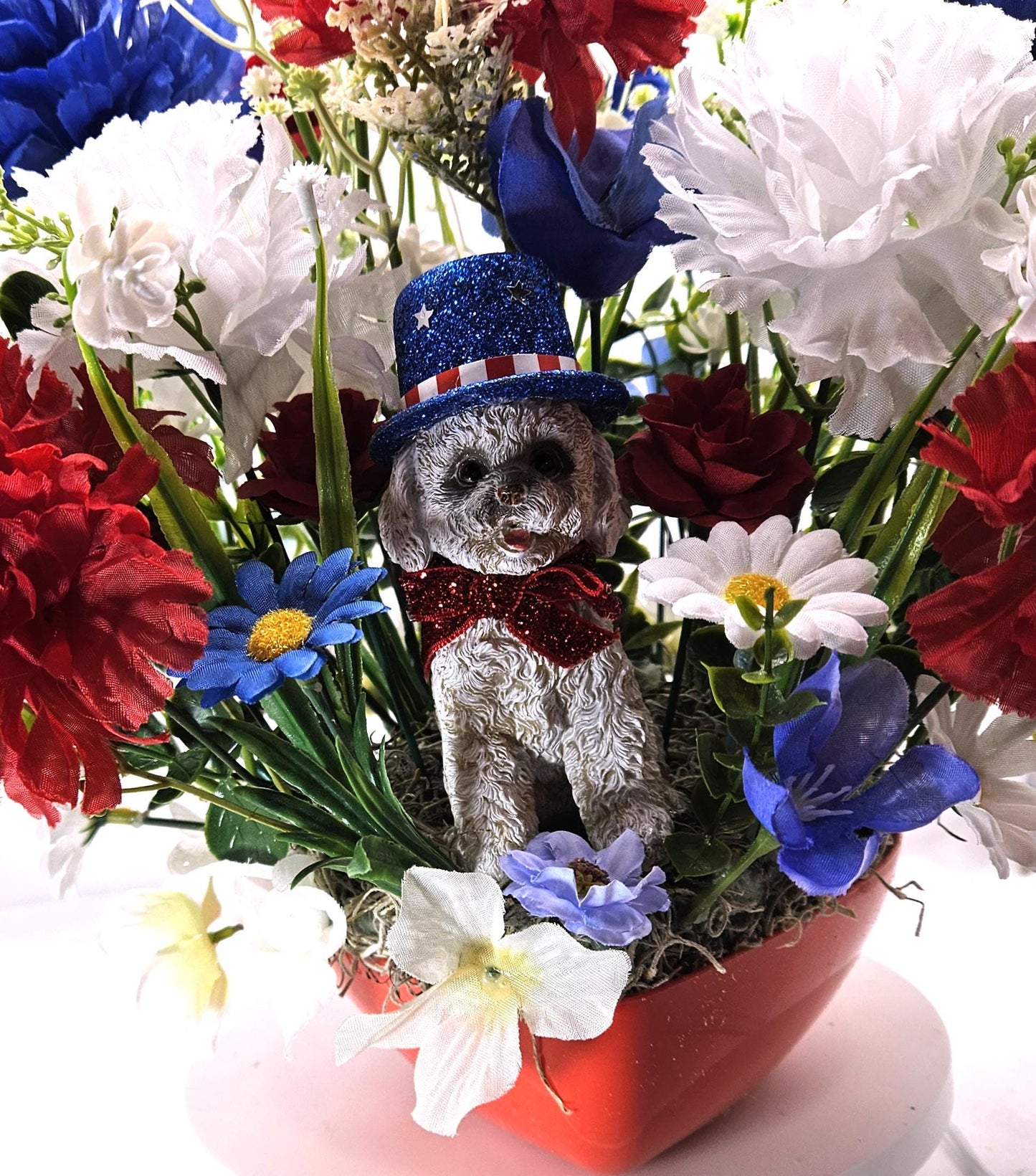 Patriotic Flower Arrangement, Heart-Shaped Dish, Red White Blue Flowers, Patriotic Decor, Celebrative Gift