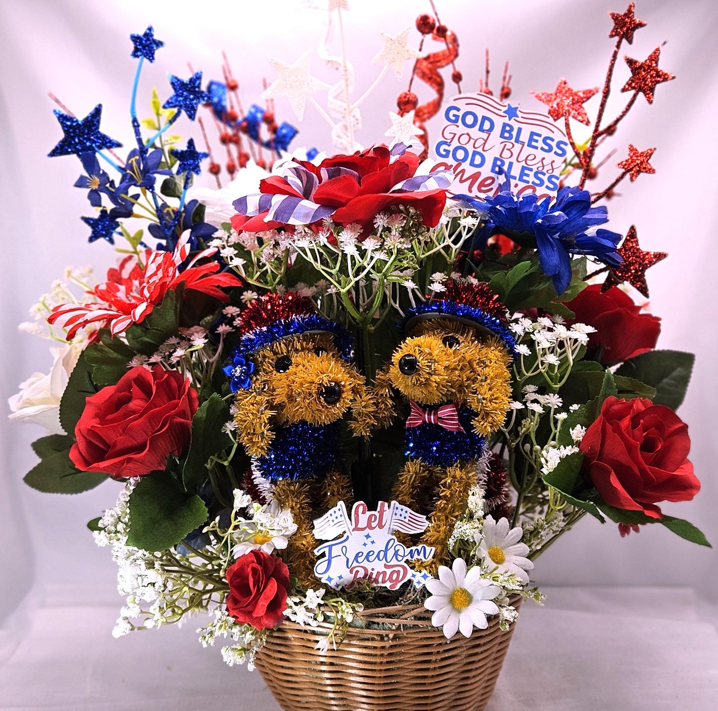 Patriotic American Dog Garden Decor with Red White Blue Roses, Baby’s Breath & Sparkly Stars – USA Outdoor Decoration