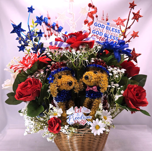 Patriotic American Dog Garden Decor with Red White Blue Roses, Baby’s Breath & Sparkly Stars – USA Outdoor Decoration