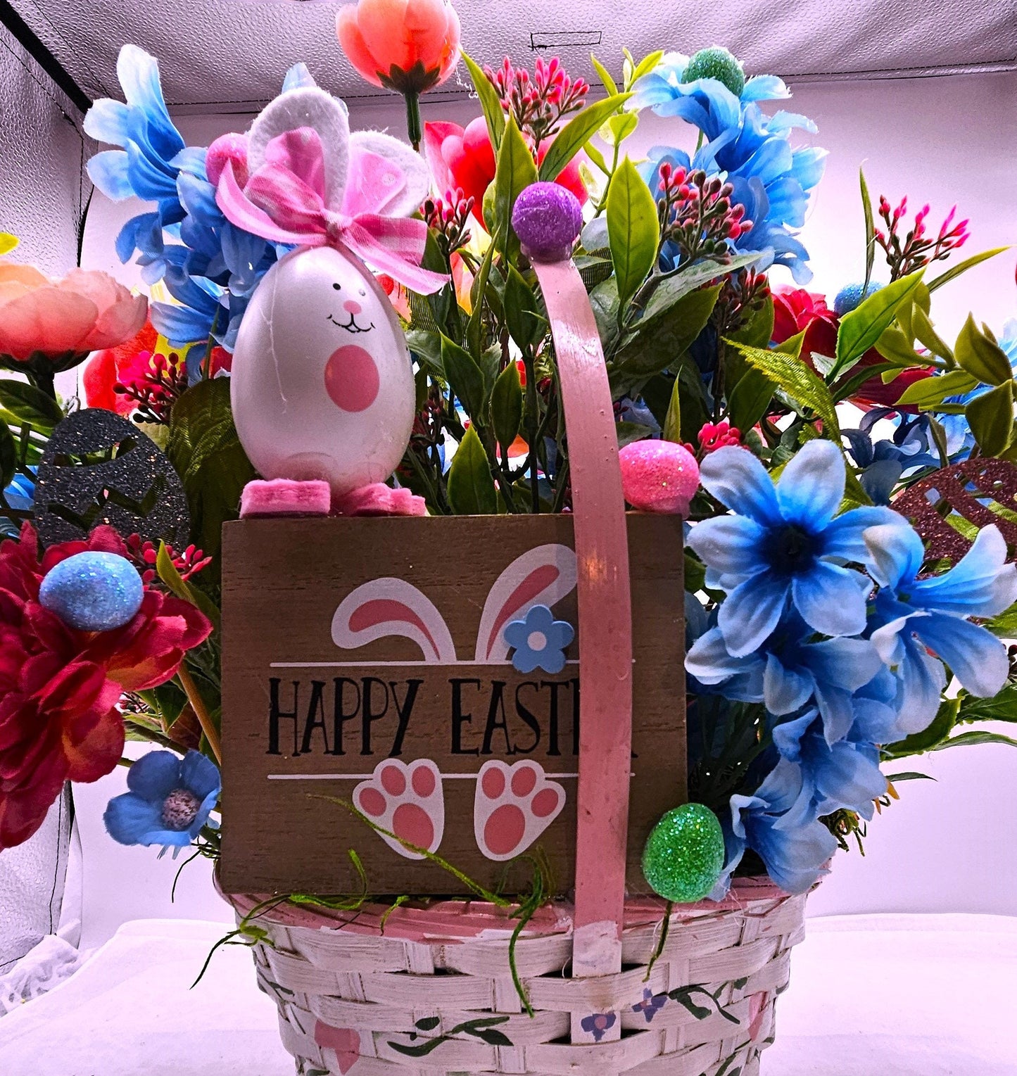 Springtime Delight Handmade Happy Easter Bunny Flower Basket with Glitter Eggs and Pastel Flowers