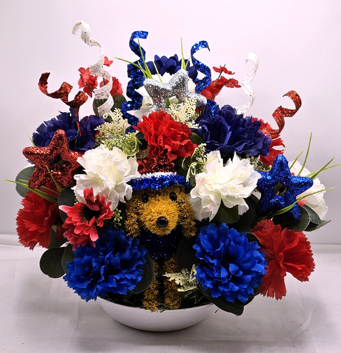 Patriotic Dog Floral Arrangement, Red White Blue Decor, Glittery Stars, Roses or Carnations, 2 Choices