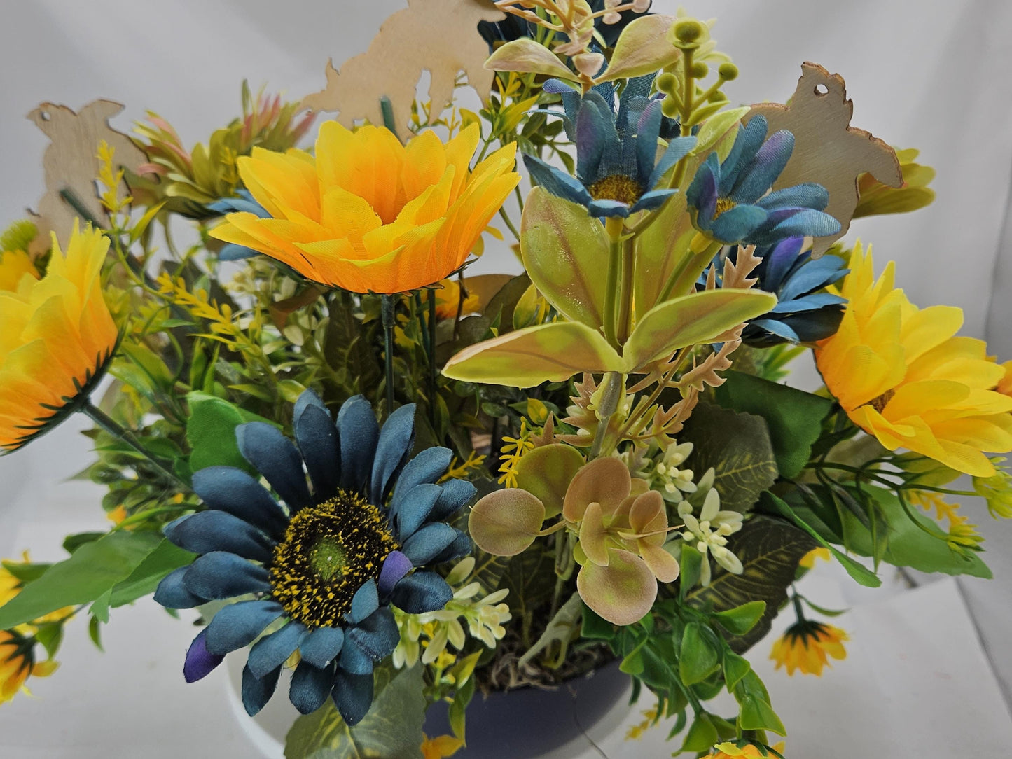 Fun in the Sun Turtle Mania Tropical Flower Arrangement/Turtle in Sunglasses in garden of Teal/Yellow/Green Flowers/Greenery/Bridge