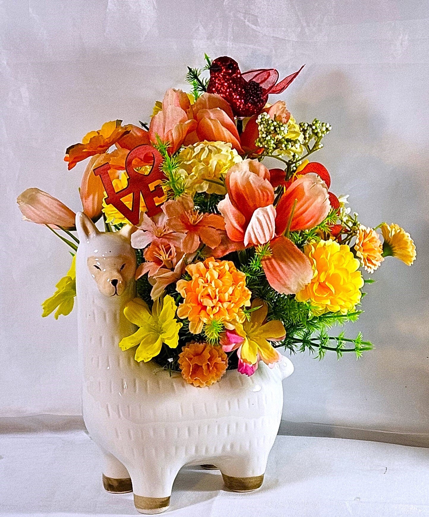 Love Ceramic Llama Arrangement: Peach/Yellow Blooms with Heartfelt Messages & Cute Bird, Perfect for Romantic Gift Occasions