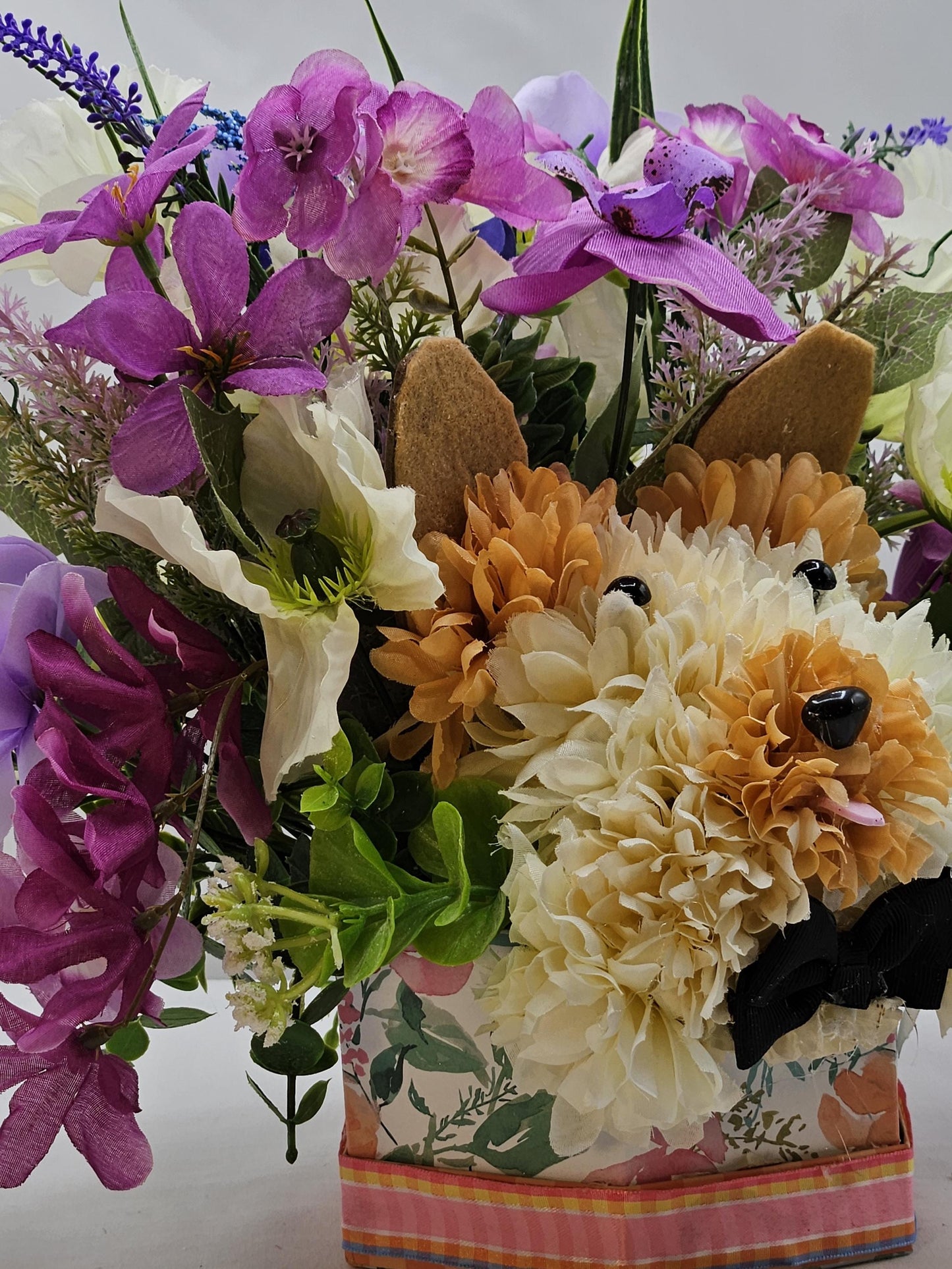 Handmade Carnation/Mum Flower Dogs/Two Options, in Box or Basket, Pieces filled w/Multi-Colored Sprimg/Summer Flowers/Greenery/Other Accents