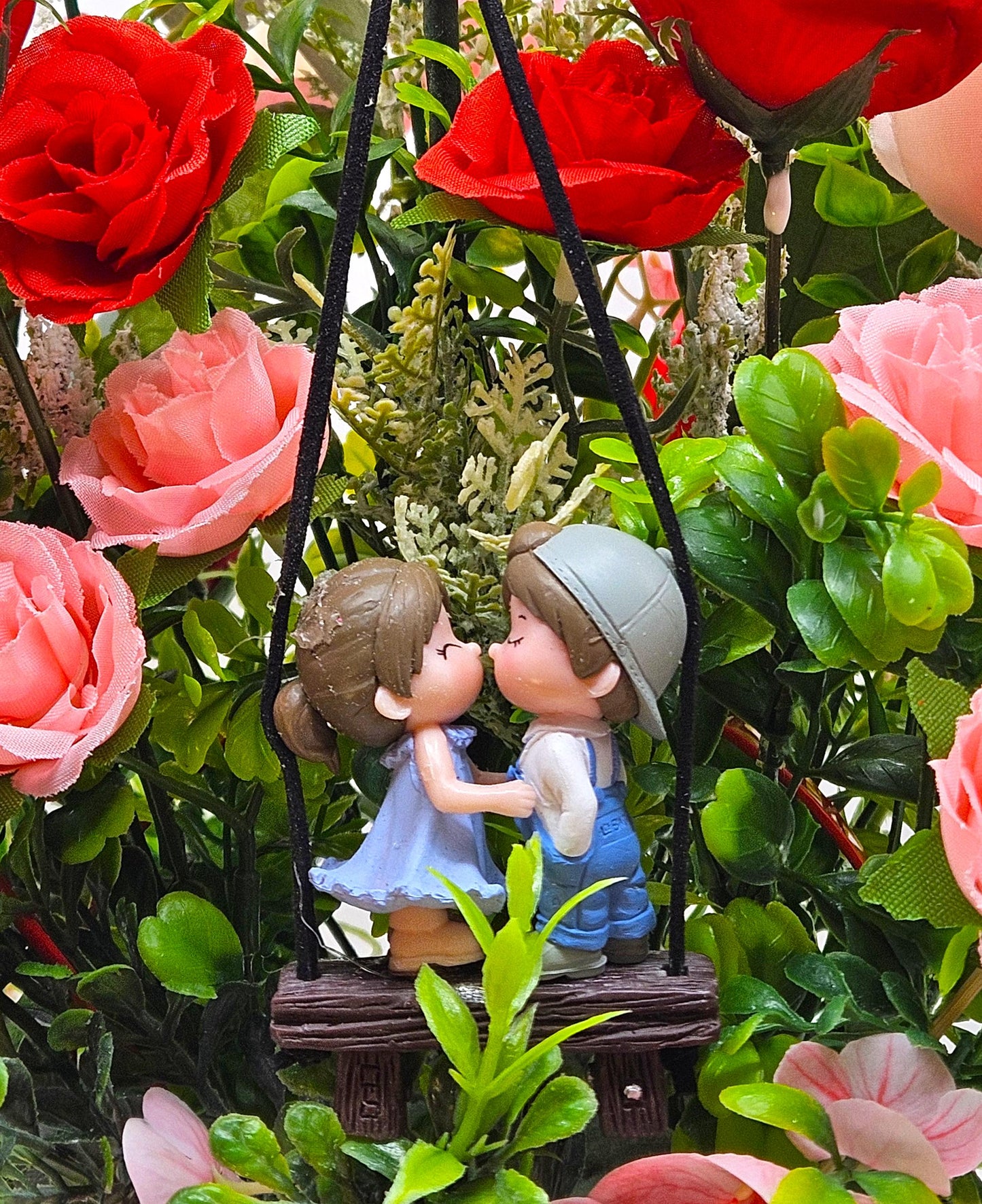 Sweetheart On A Swing Art, Garden Lover's Gift, Pink Rose, Red Rose, Love Expression, Flowers And Hearts