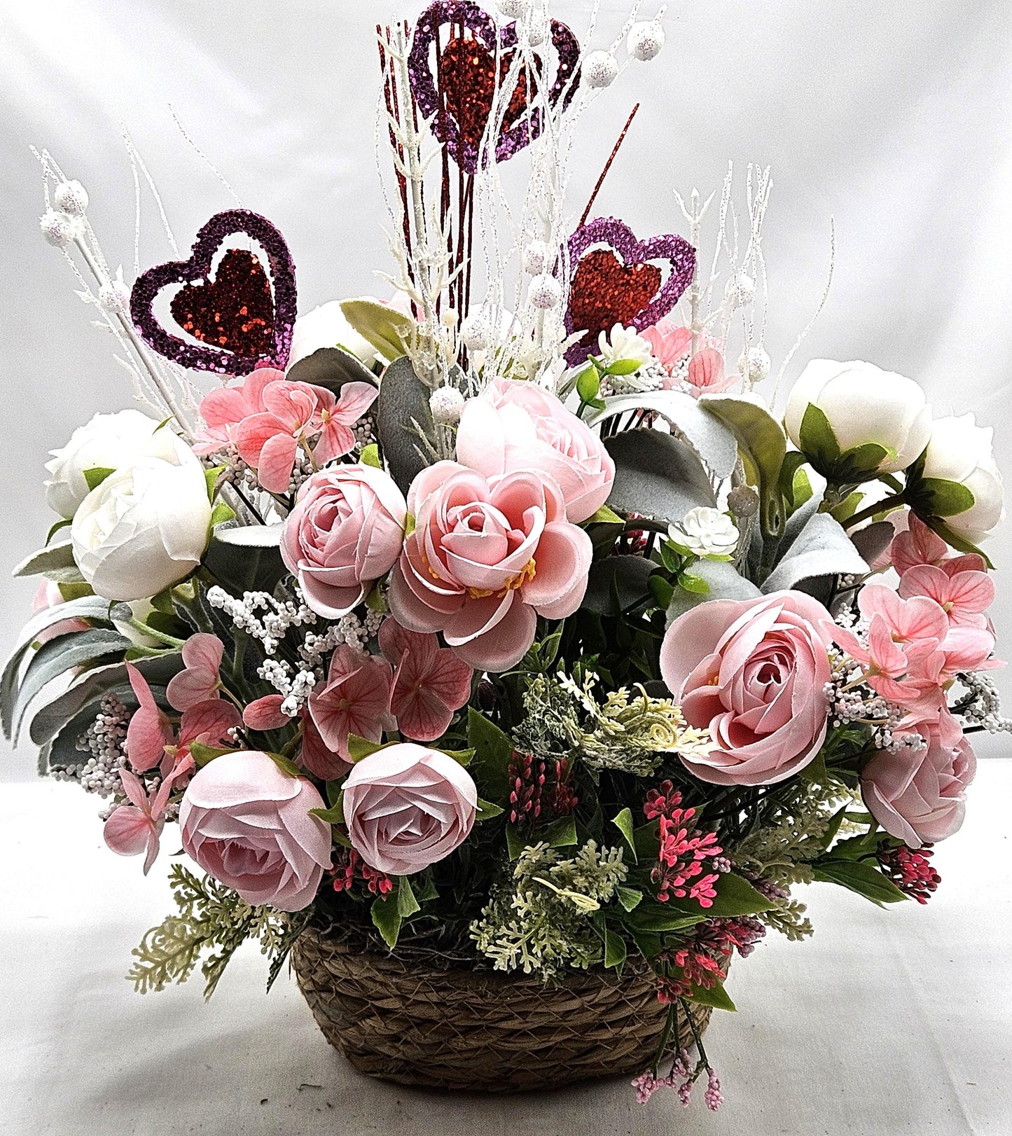 Romantic Couple On Sofa With Puppy And Kitty, Garden Roses, Glittery Hearts, Valentine Gift, I Love You Present
