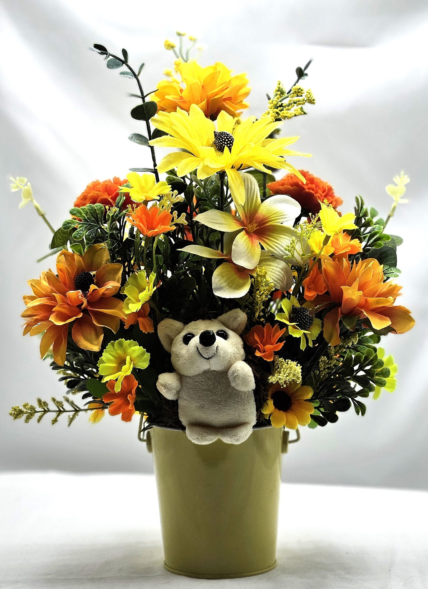 Cute Hedgehogs in a Bright, Vivid Cheerful Yellow floral Garden, A Plush Hedgehog Plus Smaller ones Scattered Throughout the Floral Piece