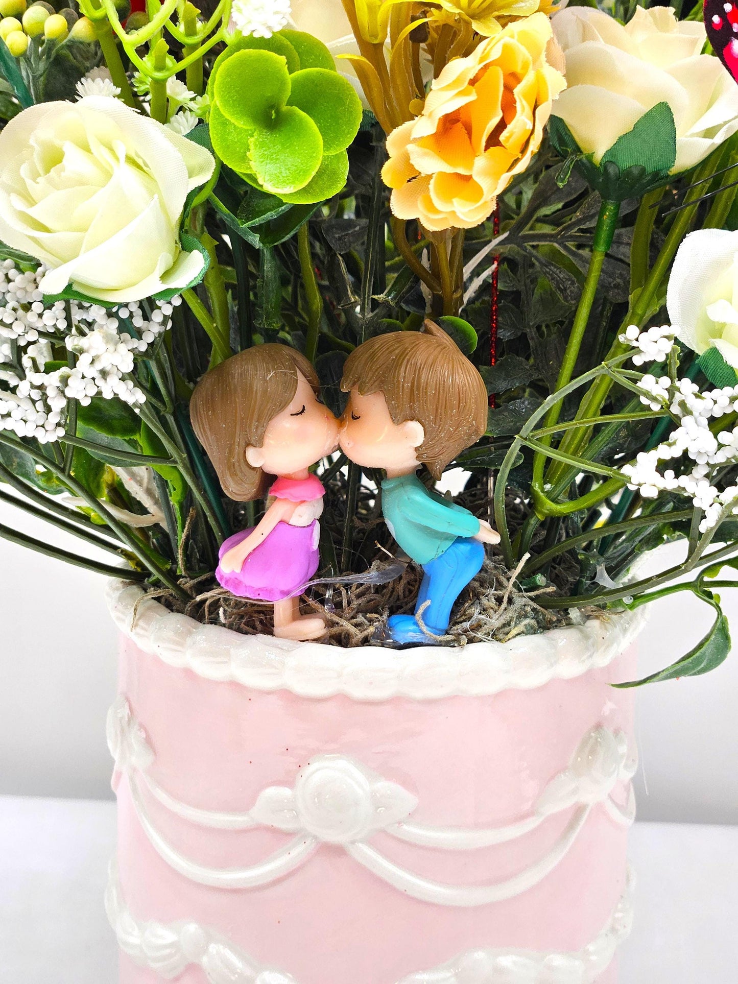 Loving, Heartwarming Love Flower Arrangements in a Footed Ceramic with Sweetheart Couples, 2 Choices, With Hearts/Love Sentiments