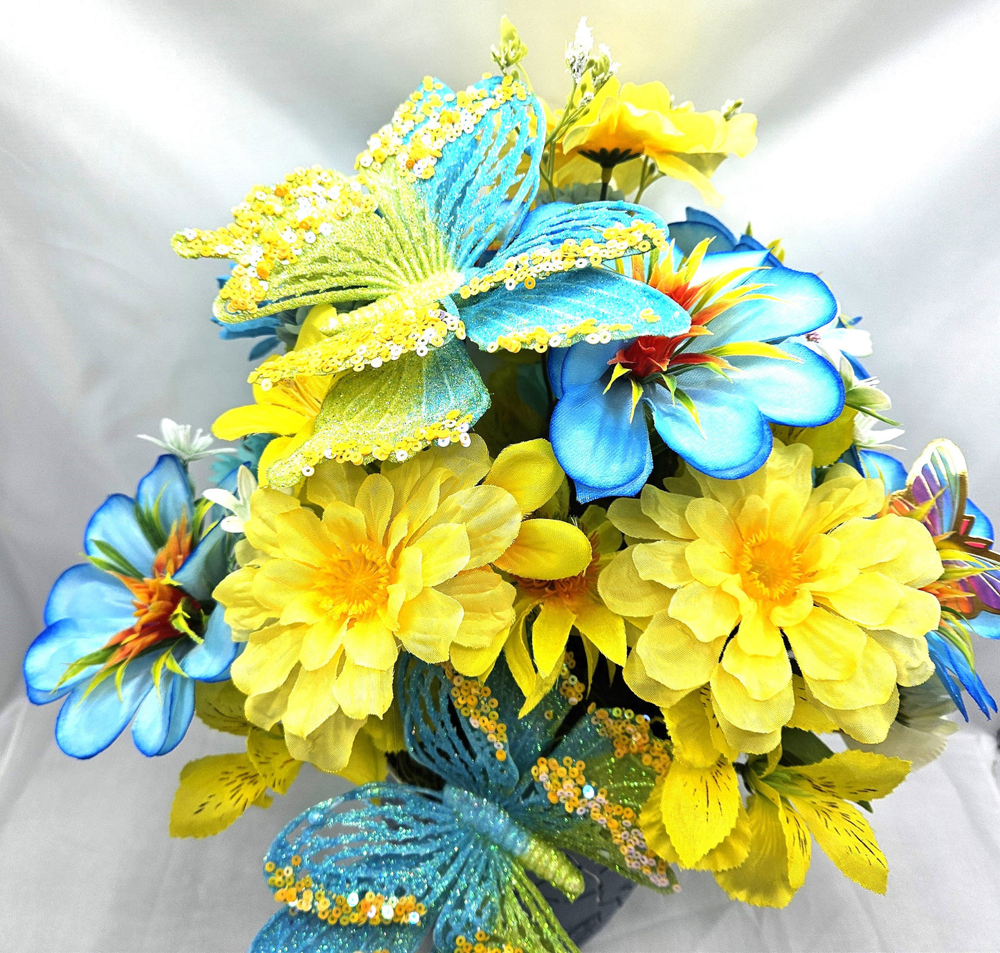 Butterfly Flower Arrangement, Sparkling Butterflies and Florals in Decorated Butterfly Pot, Yellow/Teal Blue Flowers & Butterfly Accents
