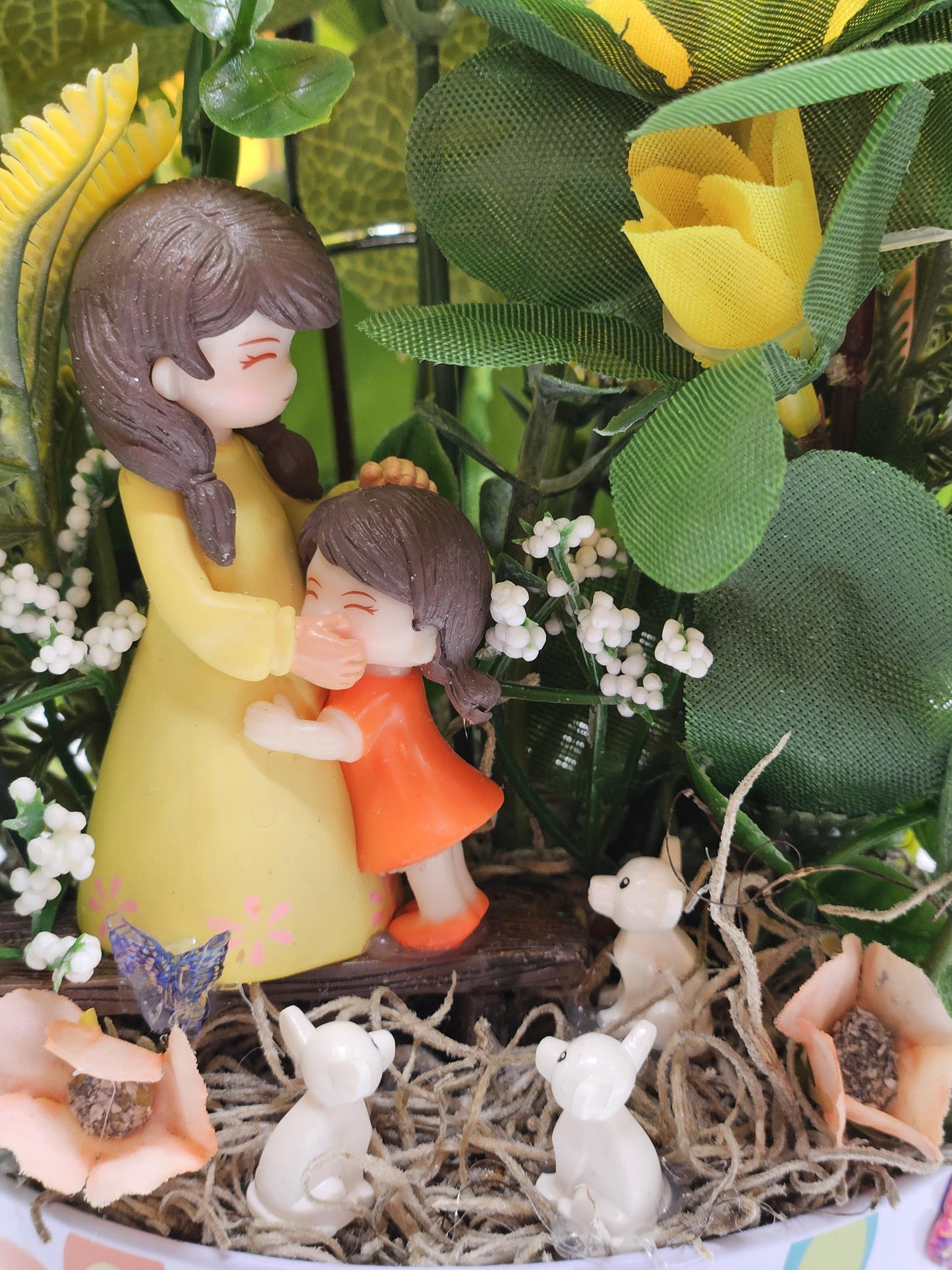 Love To Mom, Happy Mother's Day, I Love You Mom Floral Arrangement/Gift, 2 Options/Mother And Child/ Orange/Yellow Or Pink/Purple Florals