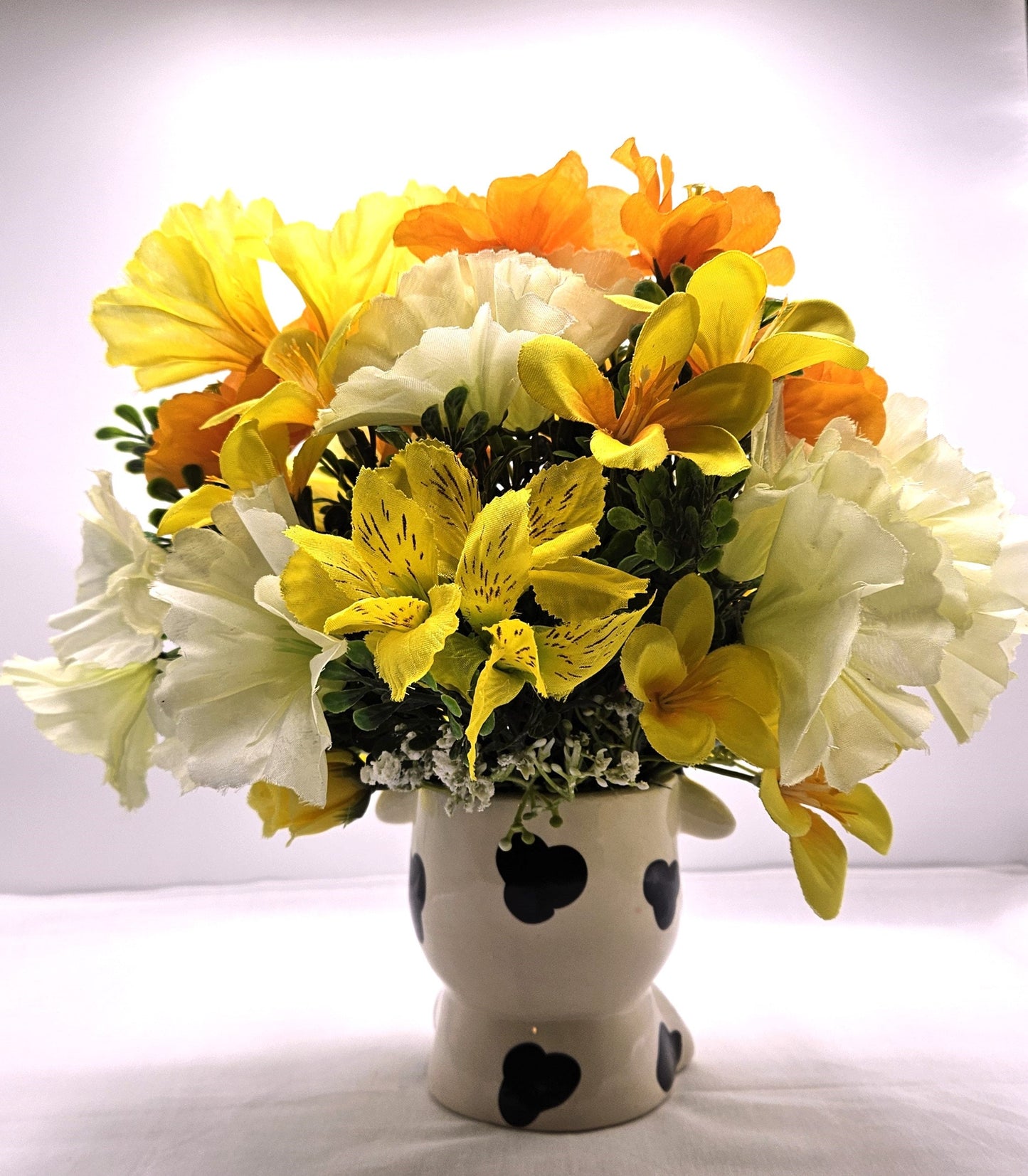 Adorable Cow Ceramic Flower Arranngement, Whimsical Cow Adorned with peach/orange/yellow Lilies/Cosmos/Petunias, Cow Lover Gift, Farmhouse