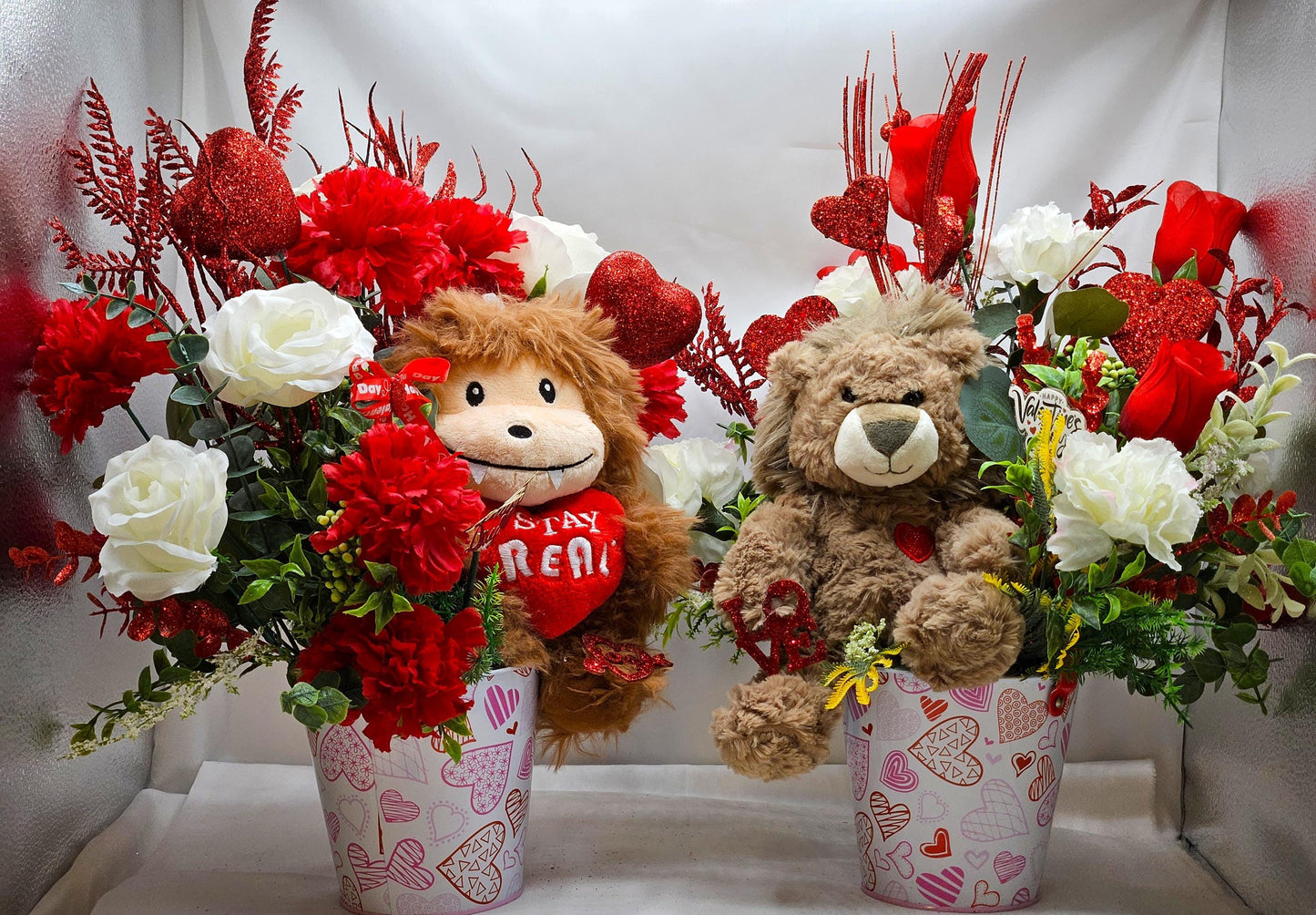 Lovable Lion or Gorilla with Red Roses, Romantic Floral Arrangement, Valentine Gift, Glittery Accents, Hearts Decor, Carnations