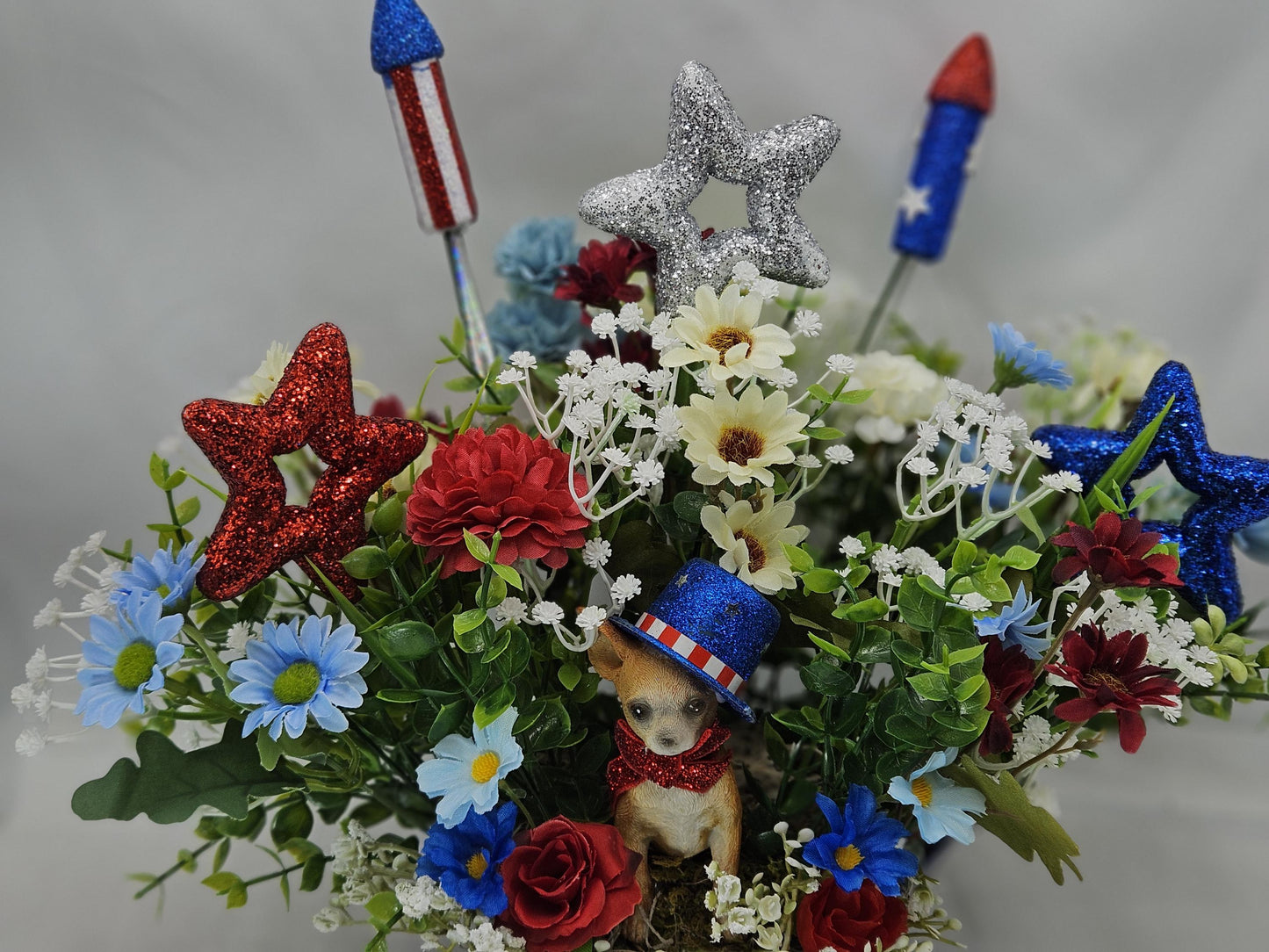 Dog Lovers Patriotic Florals/Two Options/Bully Type Dog or a Chihuahua Set in a  Star Shaped Dish wRed/White/Blue Flowers/Patriotic Accents