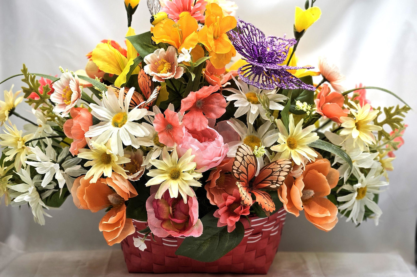 Wildflower Basket with Butterflies, Hot Pink Floral Container, Yellow Flower Basket, Gifts for Flower Lovers