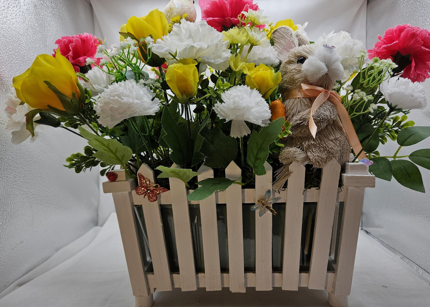 Spring/Summer Floral in Picket-Fence Look Flower Pot/with Bunny/Butterflies/Bee/Birds/Roses/Carnations/Other Vibrant Flowers/Greens