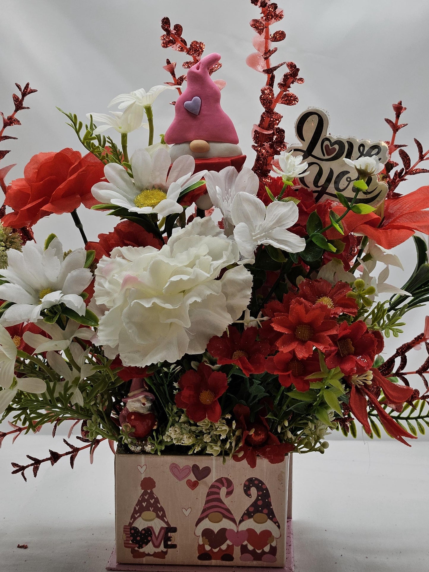 Gnome Heart Romance, Floral Arrangement in Decorated box w/lid, Two Options, Red Carnations/White Roses or Red Roses/White Carnations /Love