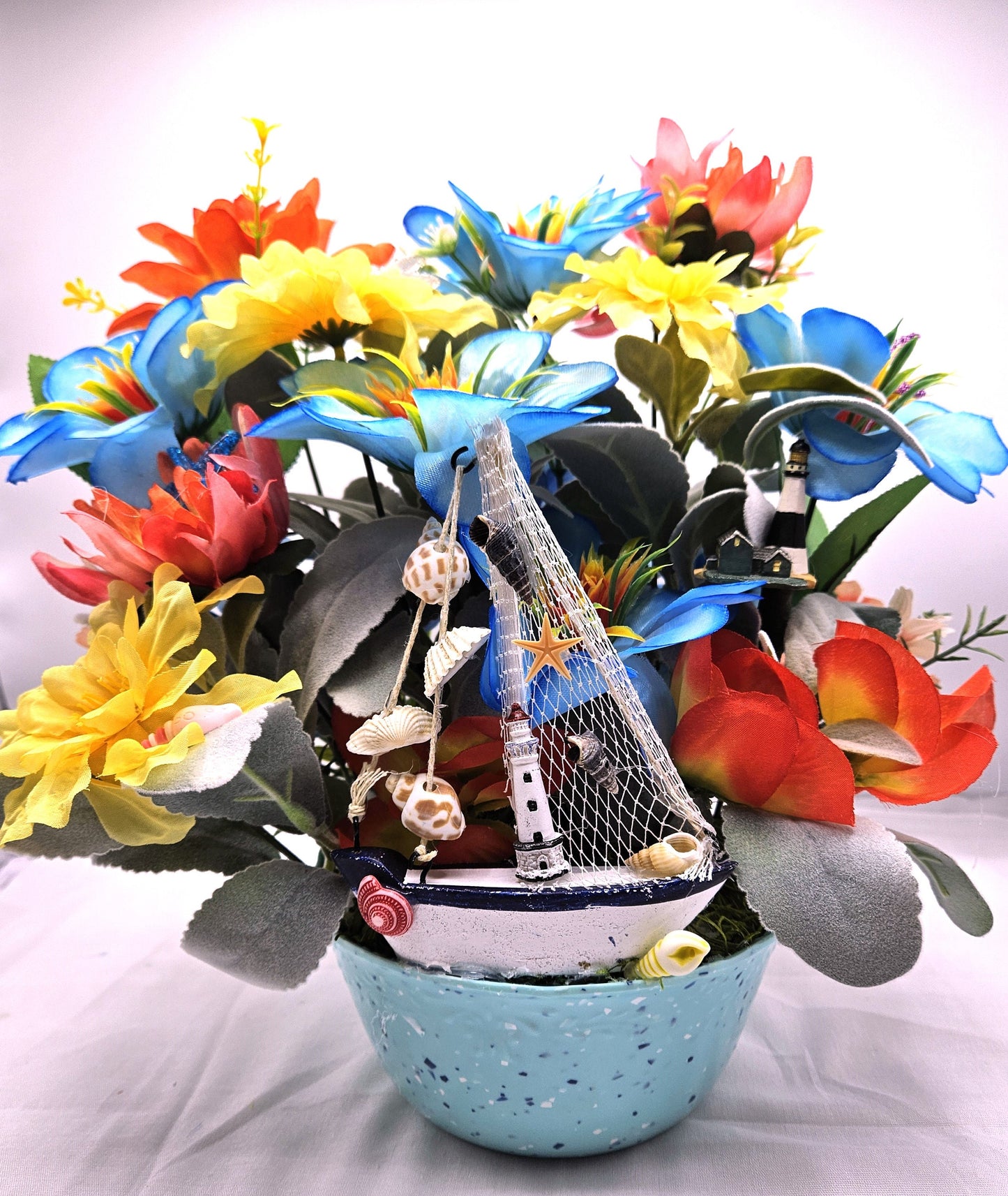 Seaside Serenity Coastal Decor, Sailboat and Lighthouses, Teal/Aqua Flower Arrangement, Beach Lover Gift, Sea Life Decor