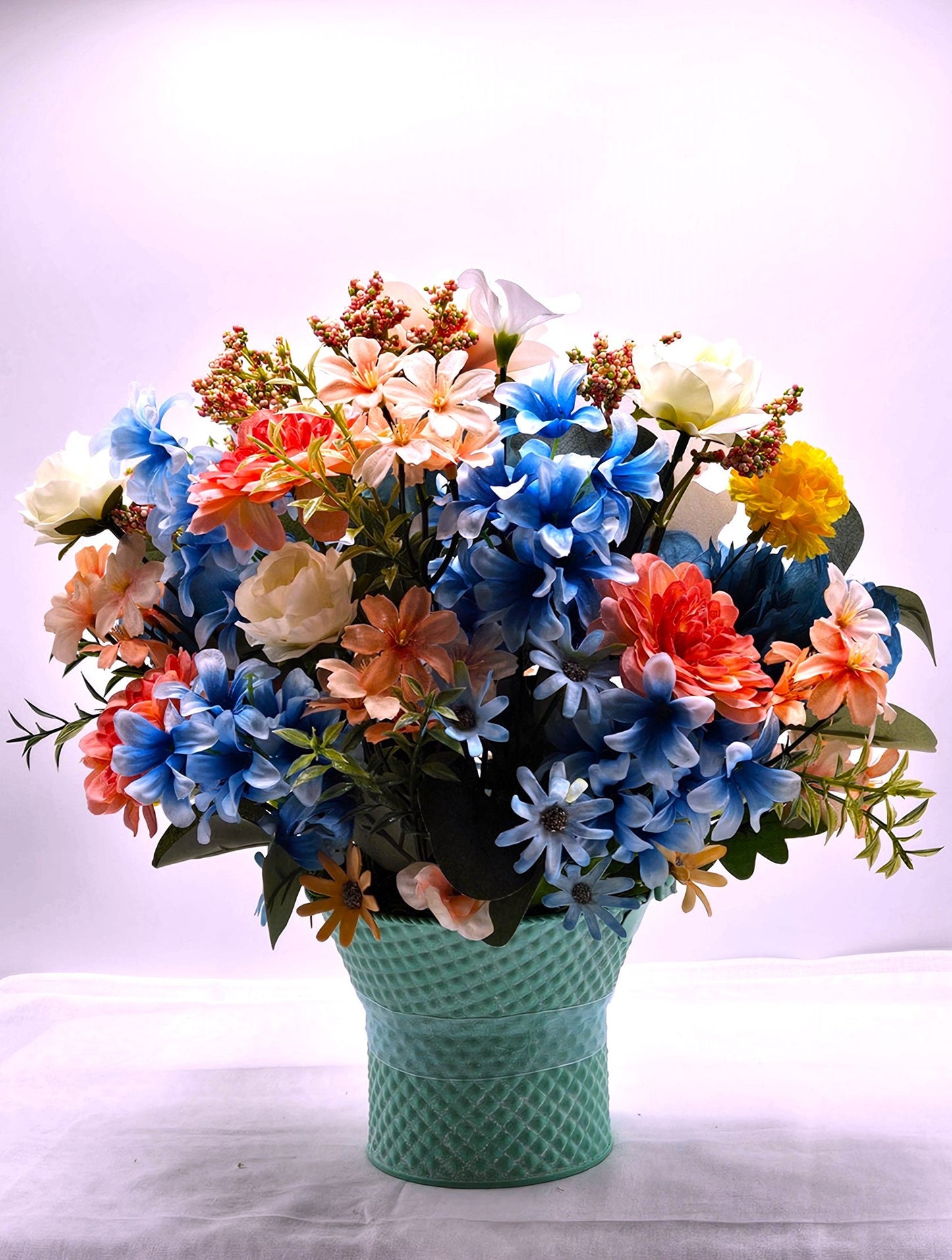 Charming Aqua Blue Metal Basket, Adorable Lambs Featuring, Pastel Spring Flowers, Sheer Ribbon Accent, Easter Decor