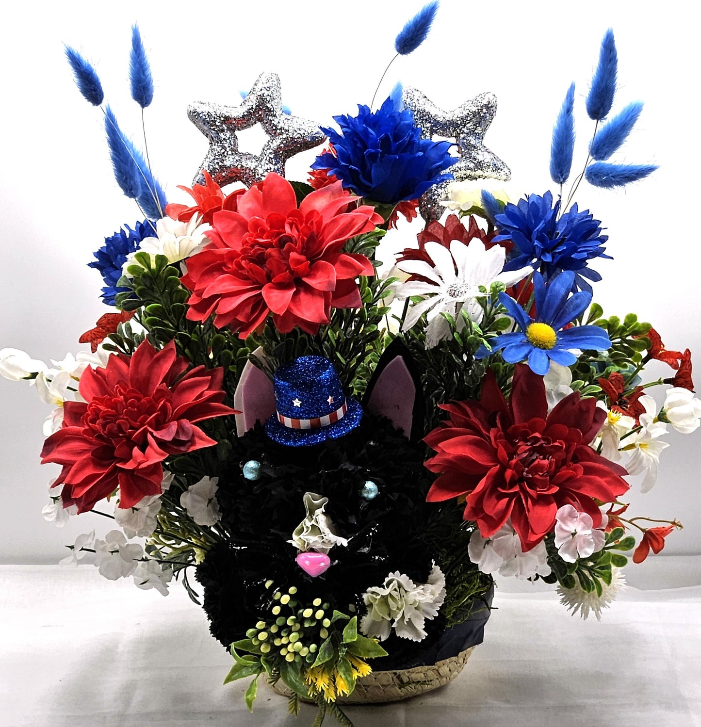 Black Silk Carnation Cat, Patriotic Hat, Pink Nose, Blue Eyes, Garden Cat Decor, Red White Blue Flowers, Cat Lover Gift