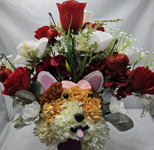 Handmade Carnation Mum Dog in Rose Garden, Red Roses, Greenery, Hearts, Romantic Gift, Dog Lover, Sweetheart