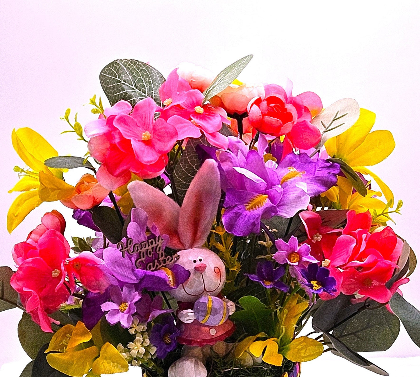 Cheerful Easter Bunnies with Spring Blooms in Easter Basket - 3 Options