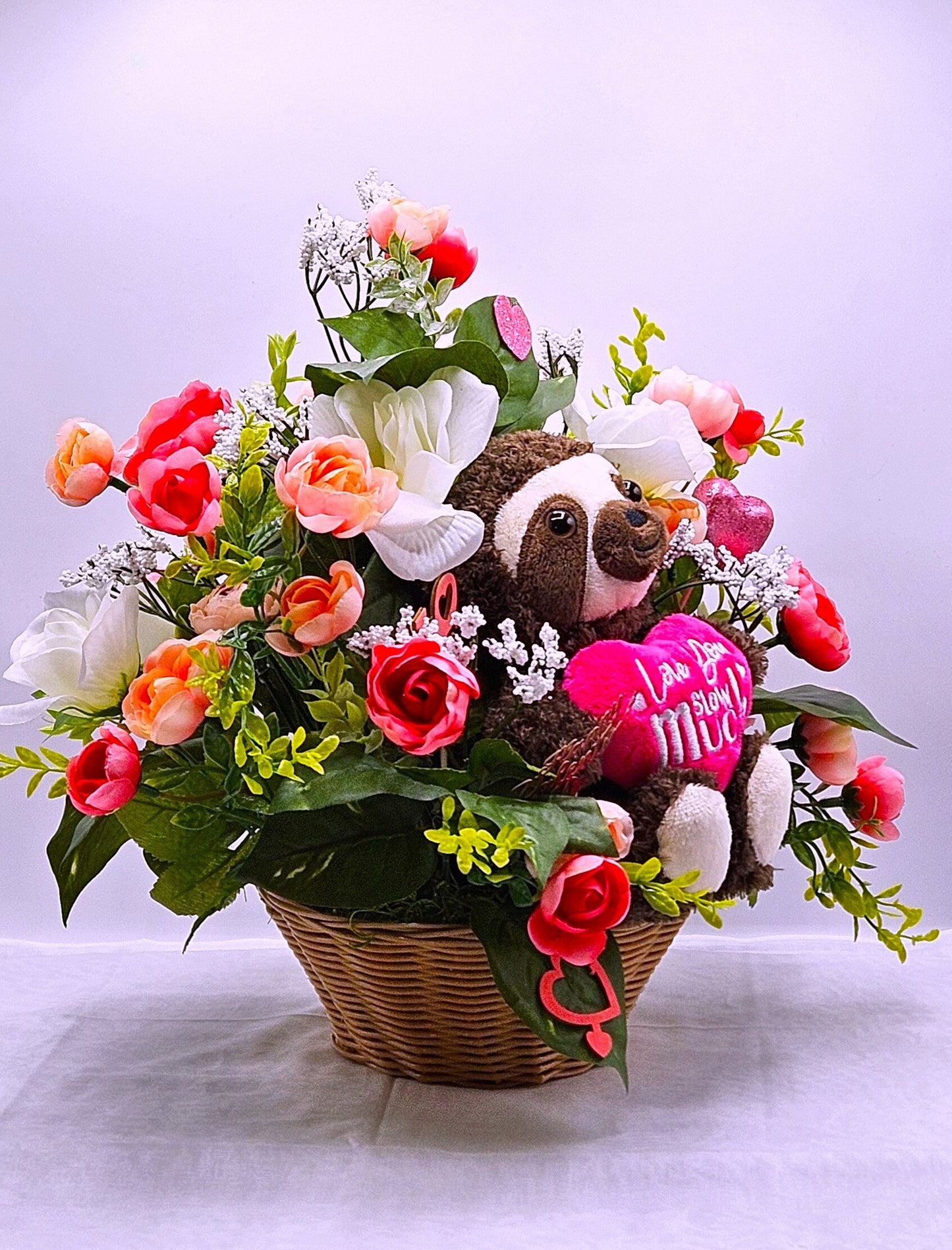 I Love You Slow Much" Sloth Themed Floral Decor, Cute Pink & White Arrangement with Hearts, Perfect Love Gift