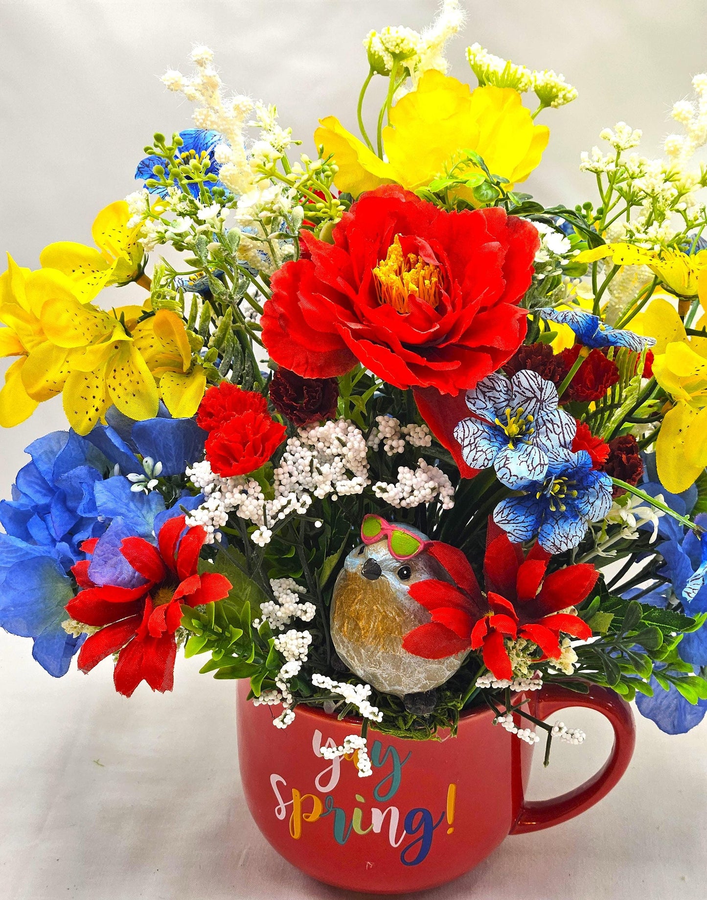 Yay, Spring is Sprung, Floral in Red Ceramic Mug, Cheery Bird Sits in Front of Vibrant Red/Yellow/Blue Spring/Summer Flowers/Decor/Gifting