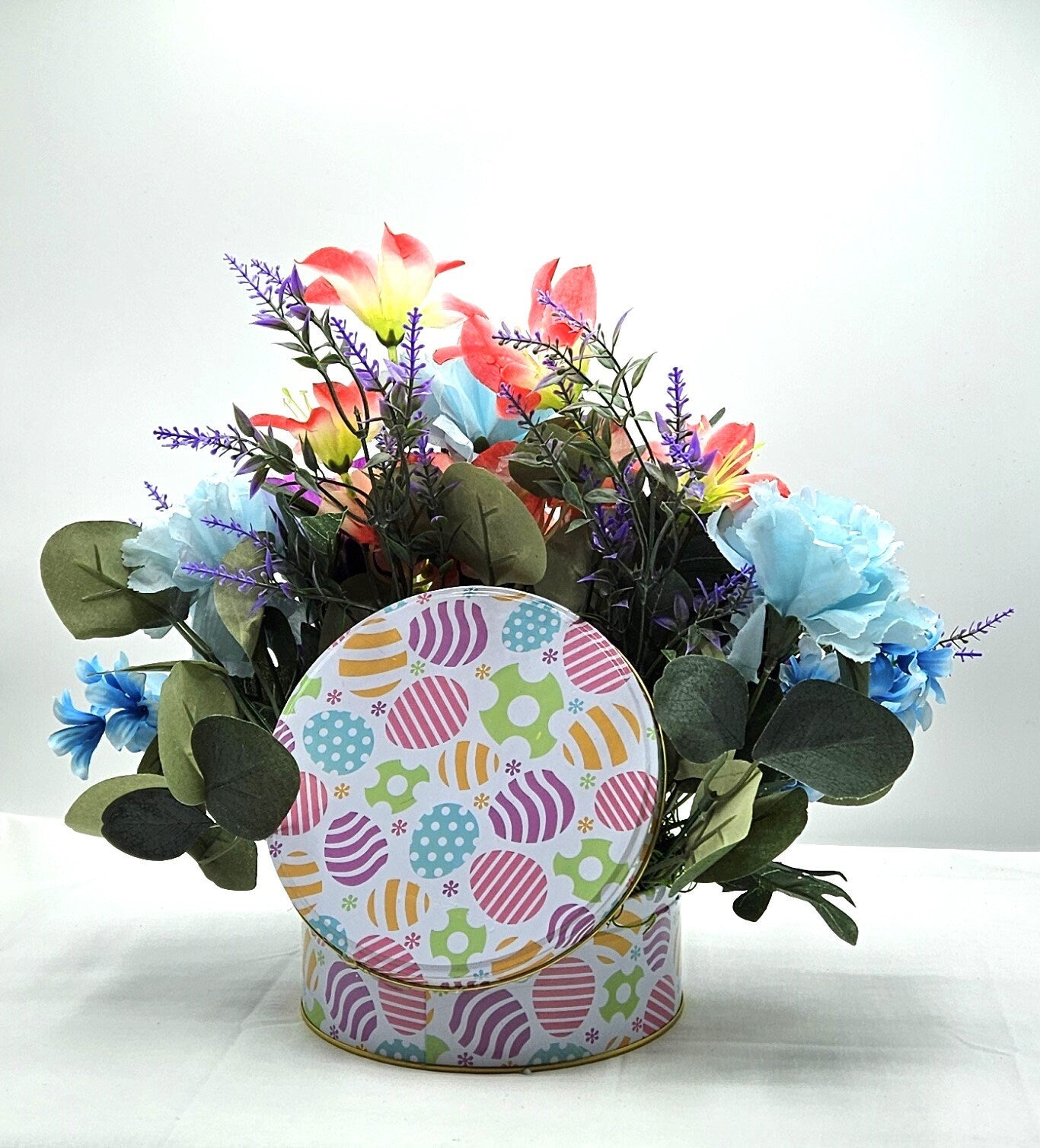 Egg Decorated Tin of Spring Pastel Flowers with Easter Chick and Bunny - Easter Table Centerpiece or Gift