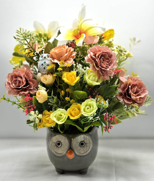 Ceramic Owl Planter, Yellow/Peach Roses/Various Other Flowers, Owl figurine, Owl Lover Gift, Gift for Nature Lover, Gifts for Any Occasion