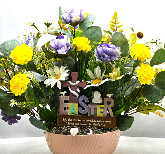 Easter Cross Floral "By This We Know Love Because Jesus Christ Laid Down His Life For Us" Quote/Sheep/Blue/Yellow/Greenery/Happy Easter