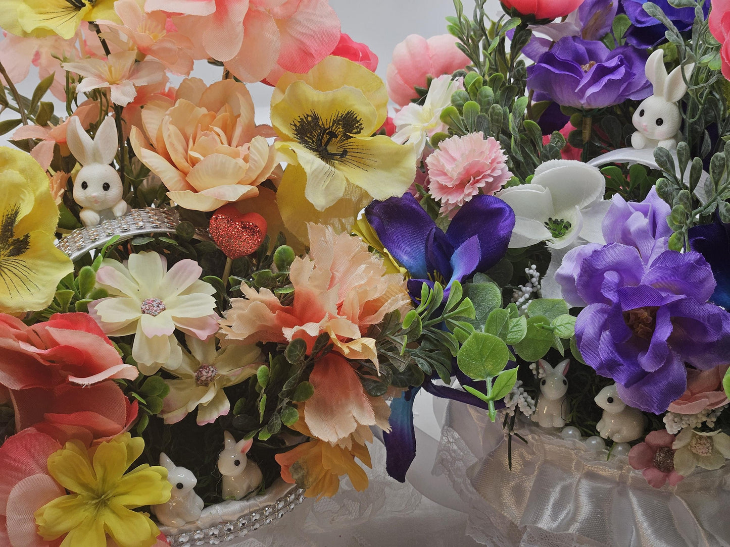 Silk Flowers/Small Satin/Lace Baskets/2 Options/Bunnies w/Peach/Yellow or Peach/Blue Pansies/Roses/Other Flowers/Greenery.Crystals/Pearls/