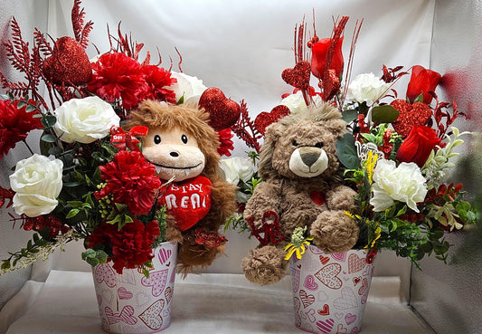 Lovable Lion or Gorilla with Red Roses, Romantic Floral Arrangement, Valentine Gift, Glittery Accents, Hearts Decor, Carnations