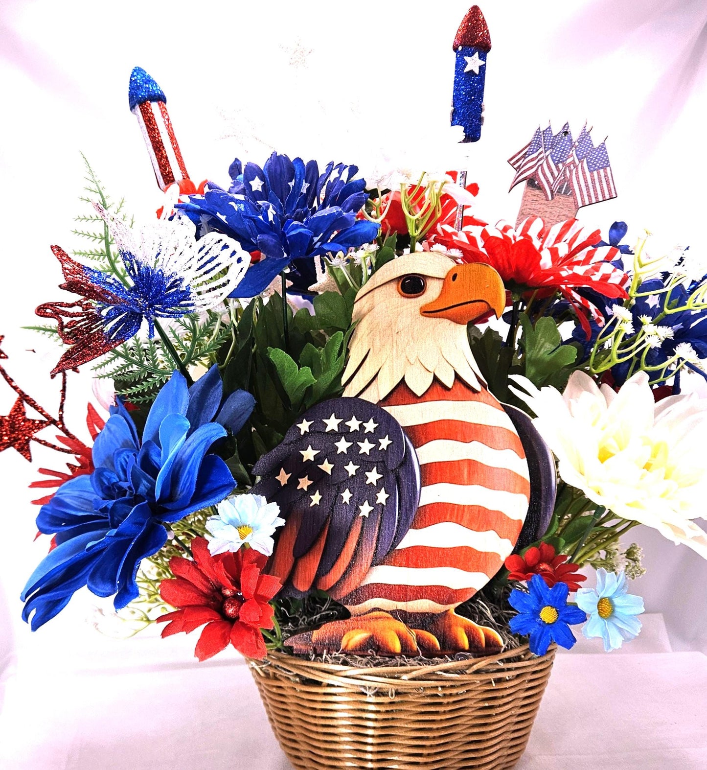 American Pride Garden Decor, Majestic Eagle Display, Floral Patriotism, Stars and Stripes, USA Butterfly Feature