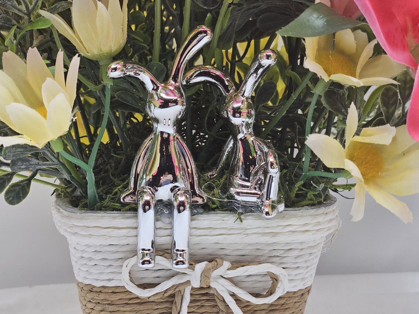 Lilies and Bunnies in a Wicker-Type Basket, 2 Options, Square or Round, Sophisticated Rabbits or Cute Rattan Bunny, Yellow w/Hot Pink/Mauve