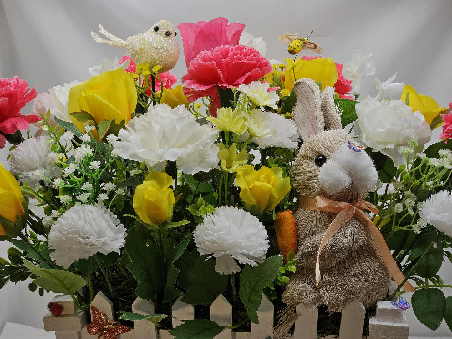 Spring/Summer Floral in Picket-Fence Look Flower Pot/with Bunny/Butterflies/Bee/Birds/Roses/Carnations/Other Vibrant Flowers/Greens
