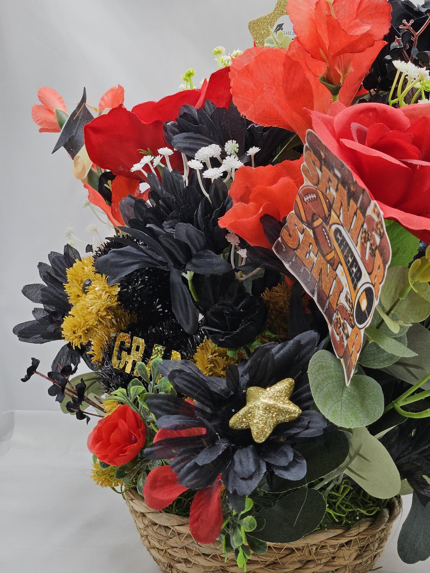 Class of 2025 Graduation Centerpiece - Red & Black Rose/Dahlia Bouquet with Graduate Dog Figurine for Celebration Decor