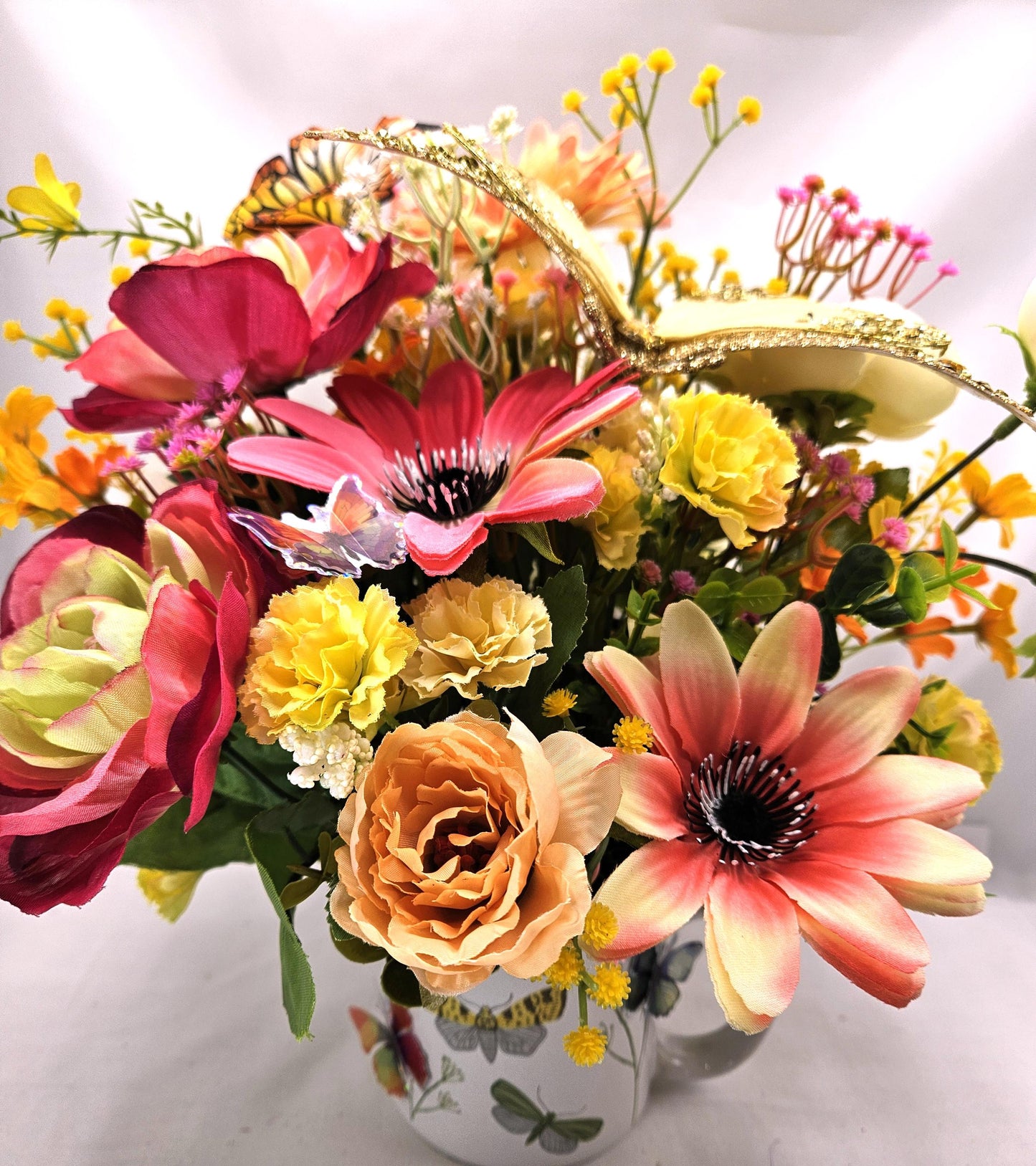 Butterfly Lover's Delight Floral Centerpiece/White Mug Adorned w/MLoths and Butterflies/Large Gold Butterfly Accent/Pink/Yellow/White Floral