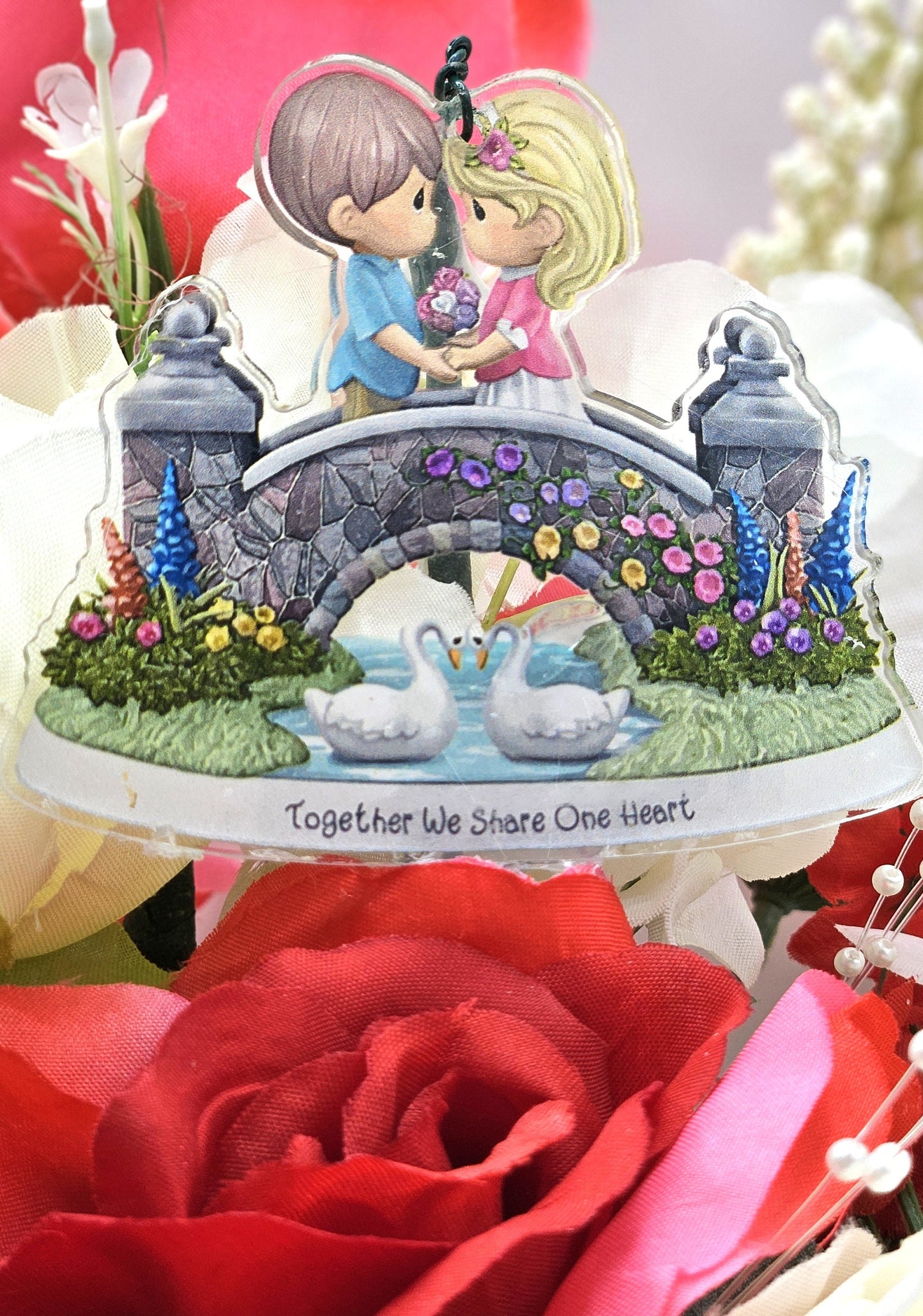 Happy Anniversary Flower Arrangement Features Shadow Kissing Couple, Sentimental Sign, Together We Share One Heart, Shiny Hearts/Pearl Trim