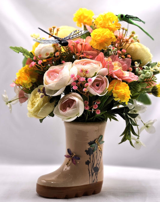 Rainboot Flower Arrangement  Dragon Fly in yellow/peach Colors, Great Gift for Her, Birthday Gift, Great for the DragonFly Lover