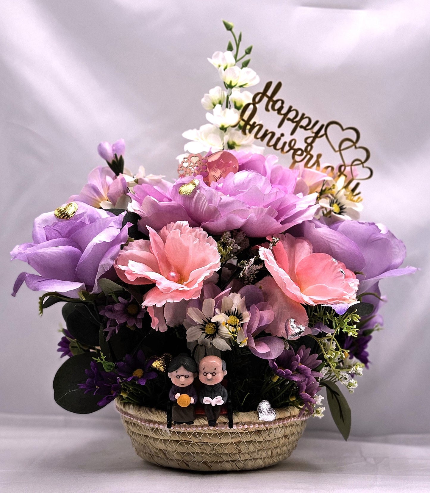 Grandparents, Parents  Happy Anniversary Flower Arrangement in woven basket, Grandma/Grandpa in Love, Roses/Romantic Accents/Lilac/Pink