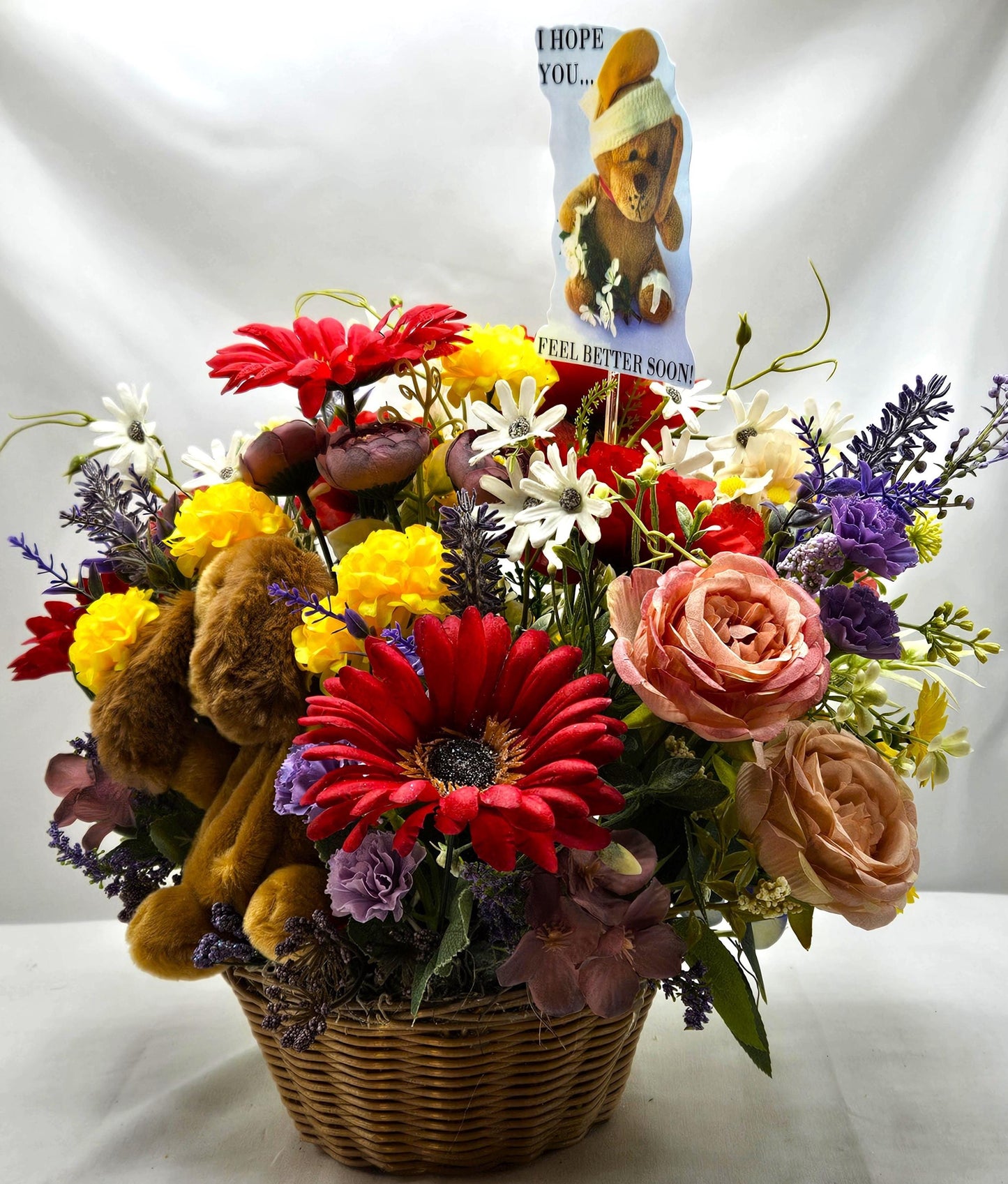 Get Well Floral Centerpiece with Cute Dog/Lift Someones Spirit W/This Charming Gift/Chase Away the Blue sand Make Someone Smile/Colorful