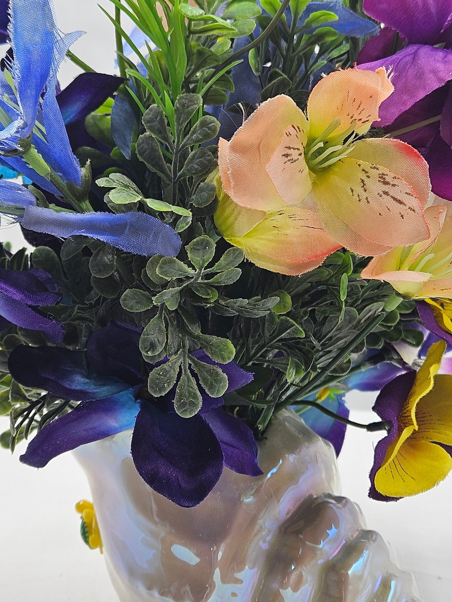 Cute Turtles Amidst a Purple and Yellow Floral Centerpiece Set in a Ceramic White Seashell, Great Gift for the Beach and Tropical Lover