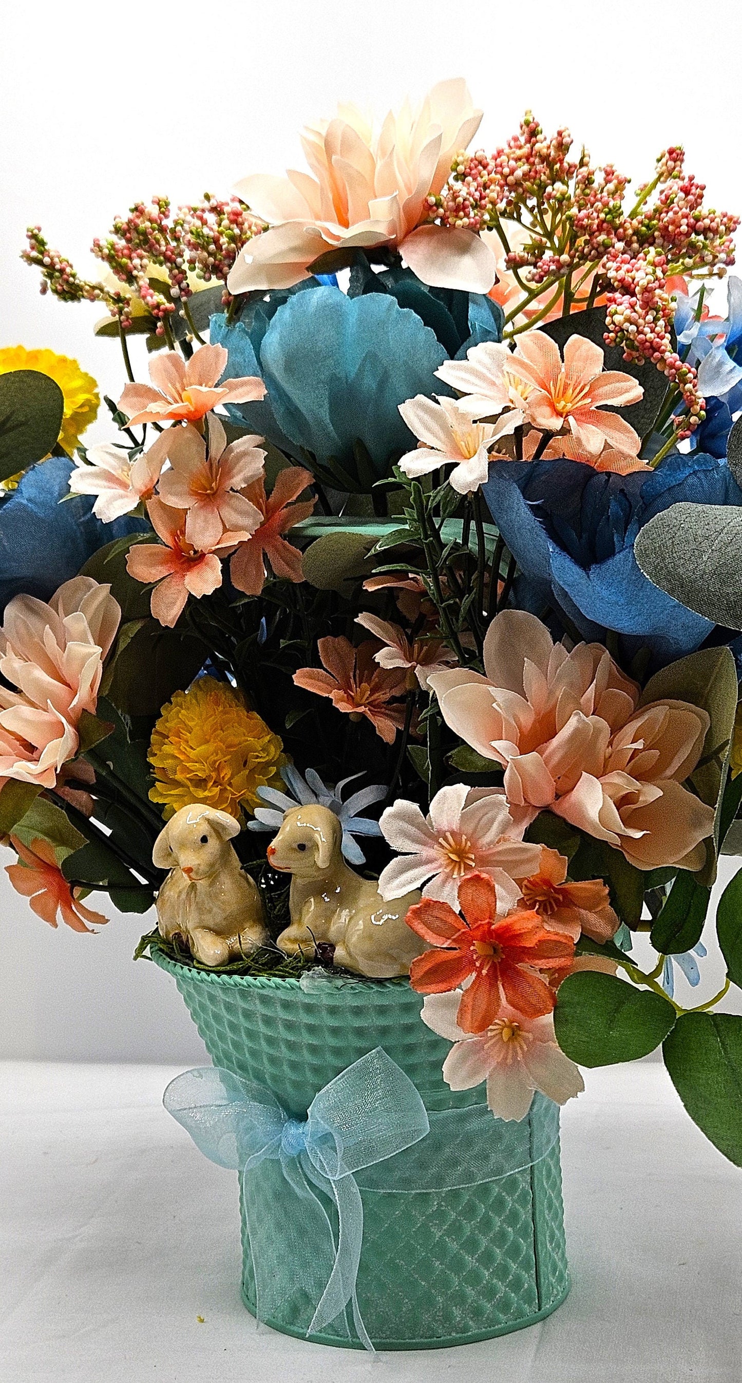 Charming Aqua Blue Metal Basket, Adorable Lambs Featuring, Pastel Spring Flowers, Sheer Ribbon Accent, Easter Decor