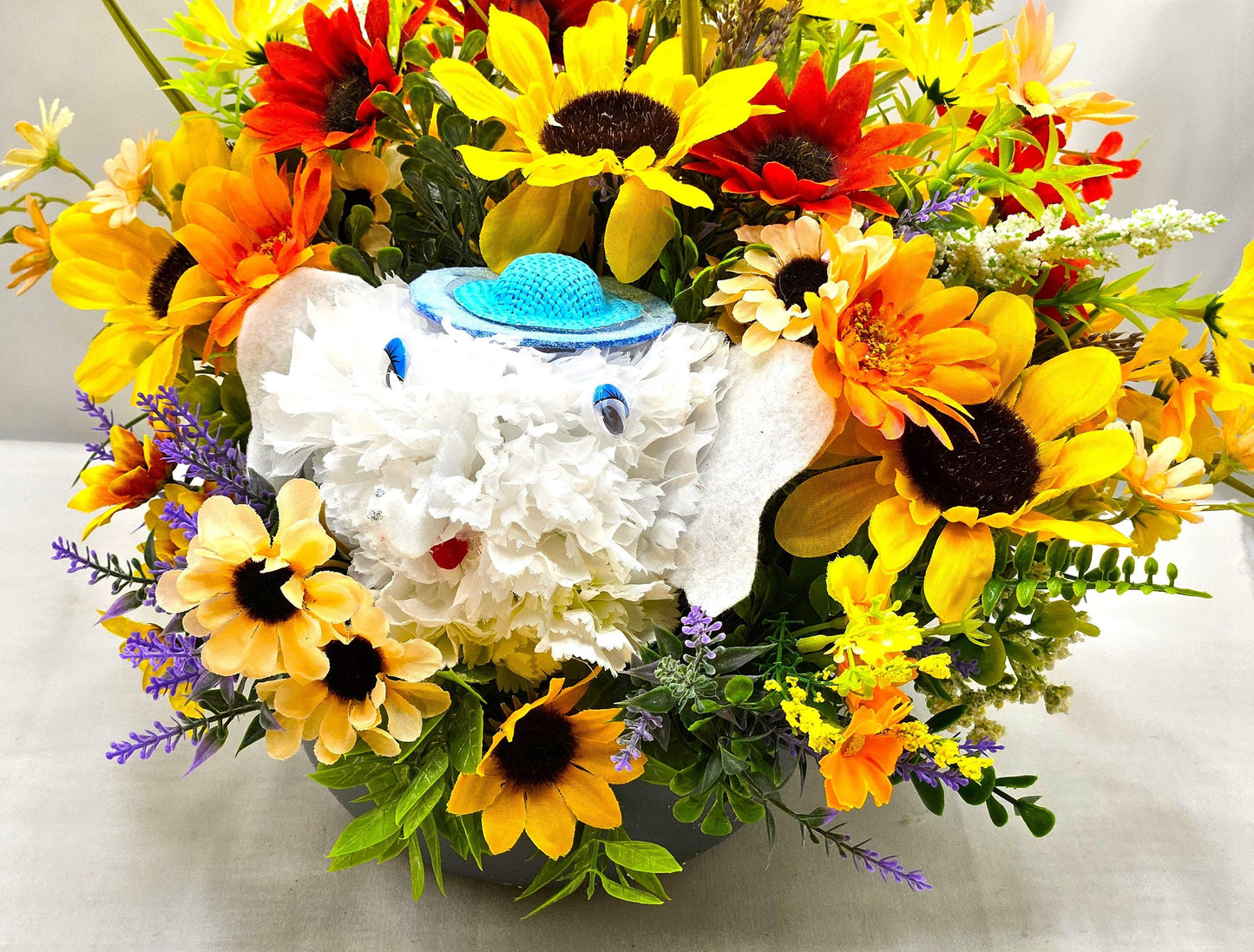 Faux Silk Carnation Elephant Flower Arrangement Amidst Colorful Wildflowers, Elephant Lover Gift, Birthday, Get Well, Thinking of You Gift