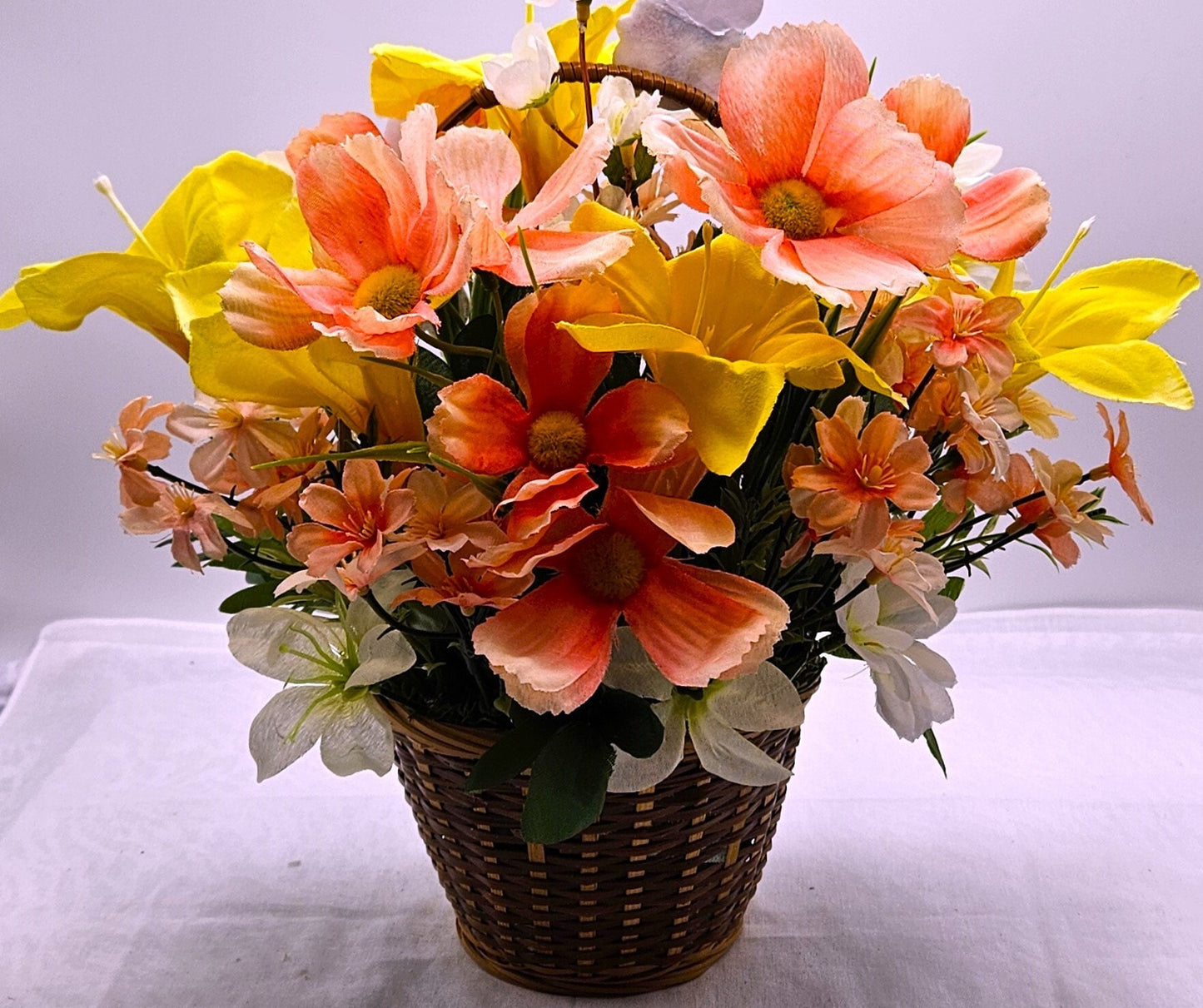 Charming Spring/Summer Flower Arrangement in Wicker Basket with Ceramic Bunnies with Carrot, Glitter, Pastel Flowers