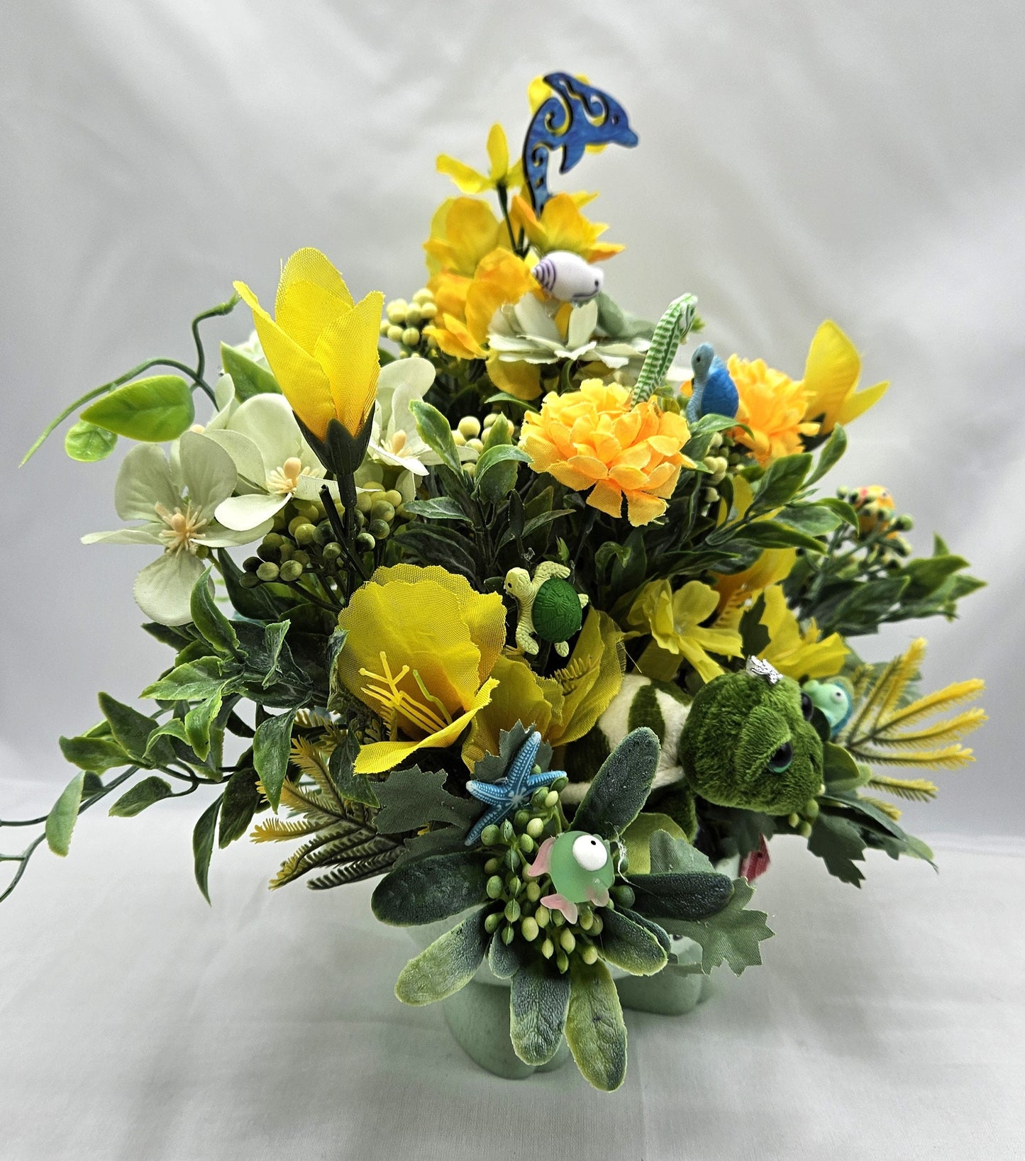 Turtle Lovers Floral Arrangement in Footed Dish/Plush Turtle   in Green and Yellow Flowers with  Sea Accents