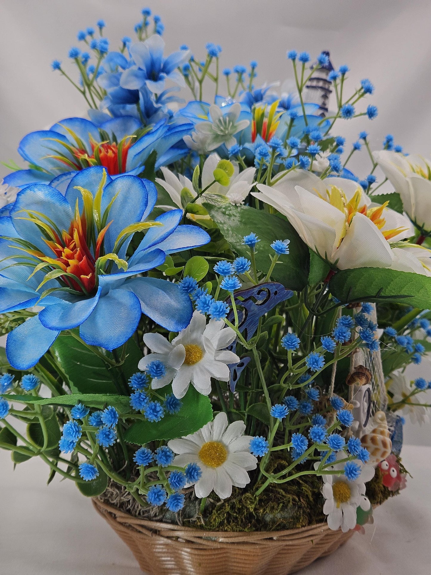 Love the Beach Tropical Floral Arrangement, Sea Shells, Turtle, Starfish, Lighthouse Decor, Blue & White Florals